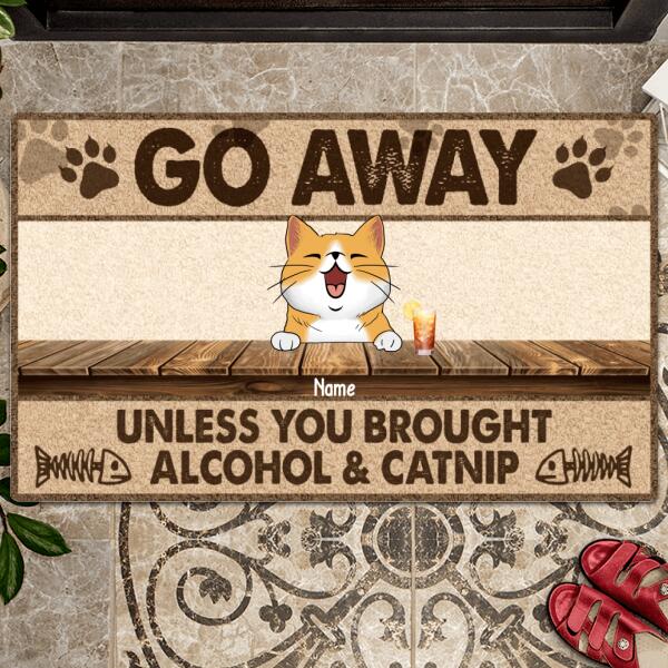 Go Away Unless You Brought Alcohol & Catnip, Pawprints & Fish Bone Doormat, Personalized Cat Breeds Doormat