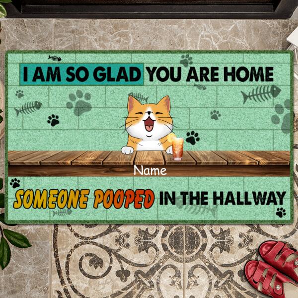 We Are So Glad You Are Home, Someone Pooded In The Hallway, Mint Green Background, Personalized Cat Lovers Doormat