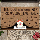 The Dog Is In Charge We Just Live Here, Dog Peeking From Curtain, Personalized Dog Breeds Doormat, Gifts For Dog Lovers