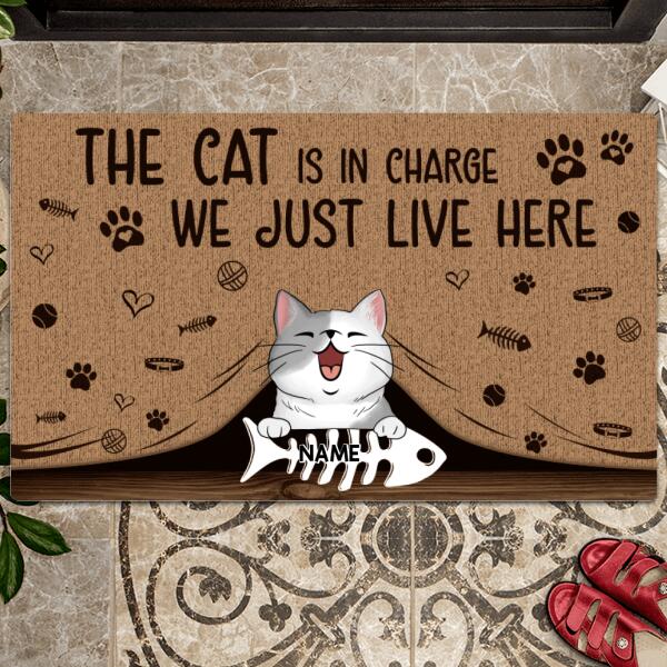 The Cat Is In Charge We Just Live Here, Cat Peeking From Curtain, Personalized Cat Breeds Doormat, Gifts For Cat Lovers