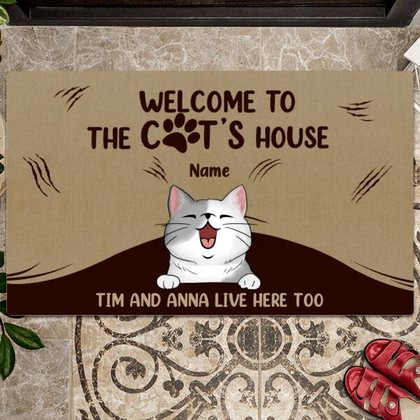 Welcome To Cats' House, Cute Naughty Cats Under Light Brown Curtain, Personalized Cat Lovers Doormat