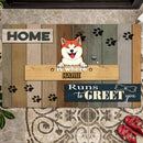 Home Is Where, Runs To Greet You, Dog Paws & Colorful Wooden Background, Personalized Dog Lovers Doormat