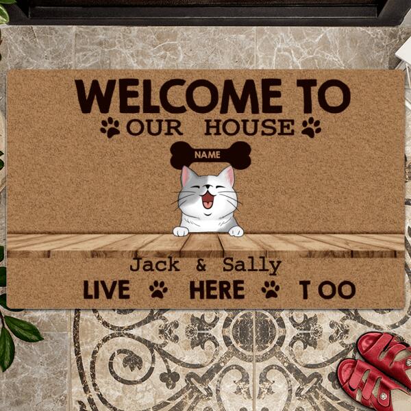 Welcome To Our House The Humans Live Here Too, Pawprint & Bone Doormat, Personalized Cat Breeds Doormat