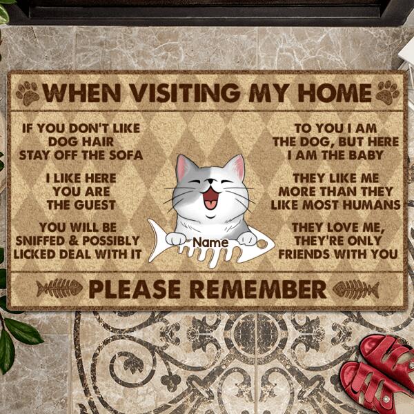 When Visiting Our Home, Please Remember, Funny Cat Rules, Argyle Pattern Background, Personalized Cat Lovers Door Mat