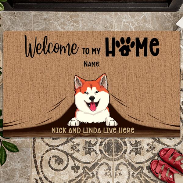 Welcome To Our Home, Pets Under Curtain, Gift For Pets, Front Door Deco, Personalized Dog & Cat Lovers Door Mat