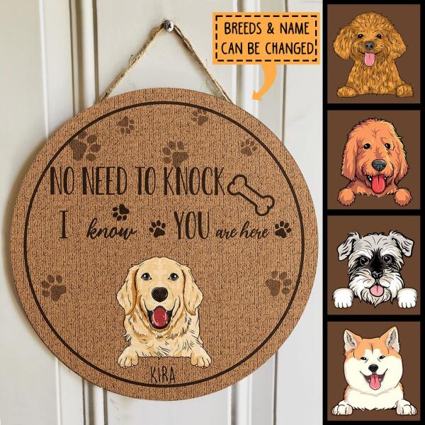 No Need To Knock I Know You Are Here, Pawprints & Bone Door Hanger, Personalized Dog Breeds Door Sign