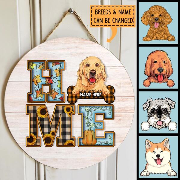 Home With Dog, Plaid Door Hanger, Pumpkin & Leaves, Personalized Dog Breed Door Hanger, Front Door Decor