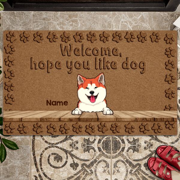 Welcome, Hope You Like Dogs, Brown Background With Dog Printpaws, Personalized Dog Lovers Doormat