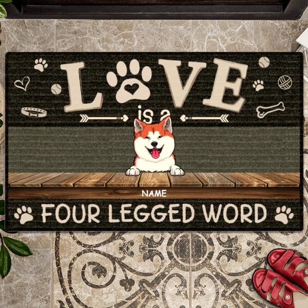 Love Is A Four-Legged Word, Black Doormat, Personalized Dog Breeds Doormat, Funny Gifts For Dog Lovers