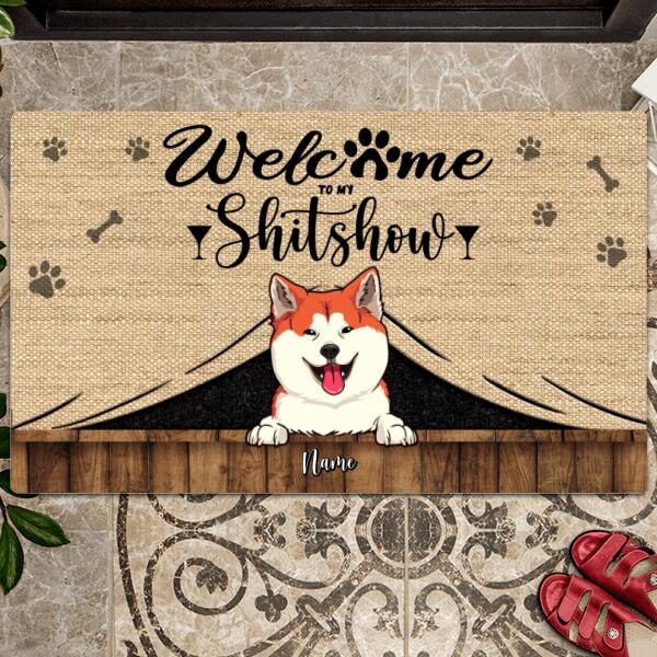 Welcome To Our Shitshow, Dog Peeking From Curtain, Personalized Dog Breeds Doormat, Dog Lovers Gifts, Home Decor