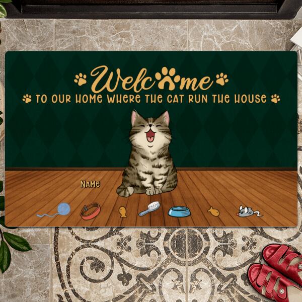 Welcome To Our Home Where The Cats Run The House, Chubby Laughing Cats, Personalized Cat Lovers Doormat, Gift For Cat Lovers