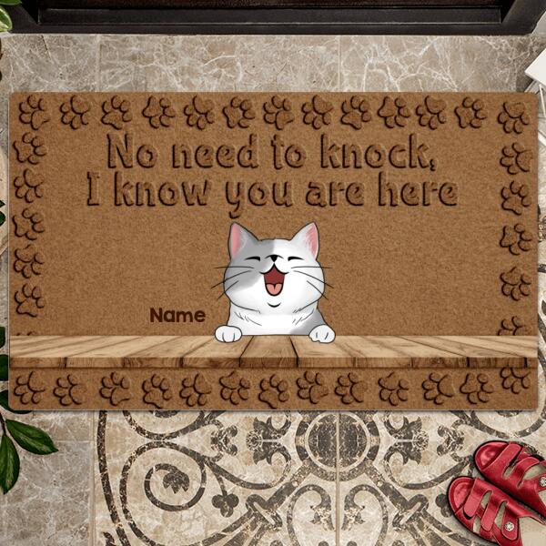 No Need To Knock, We Know You Are Here, Brown Background With Cat Printpaws, Home Decoration, Personalized Cat Lovers Doormat