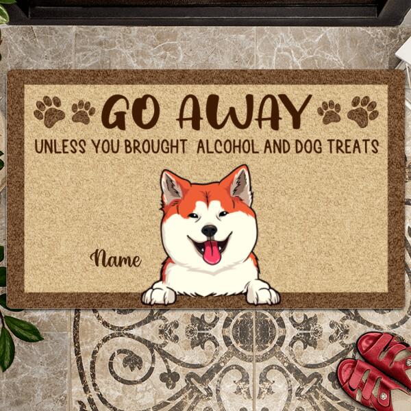 Go Away Unless You Brought Alcohol And Dog Treats, Beige Background, Dog Printpaws, Personalized Dog Lovers Doormat