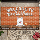Welcome To Our Bar And Grill, Brick Wall Doormat, Personalized Dog Breeds Doormat, Home Decor, Gifts For Dog Lovers