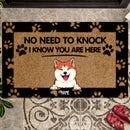 No Need To Knock We Know You Are Here, Black Doormat, Personalized Dog Breeds Doormat, Home Decor, Gifts For Dog Lovers