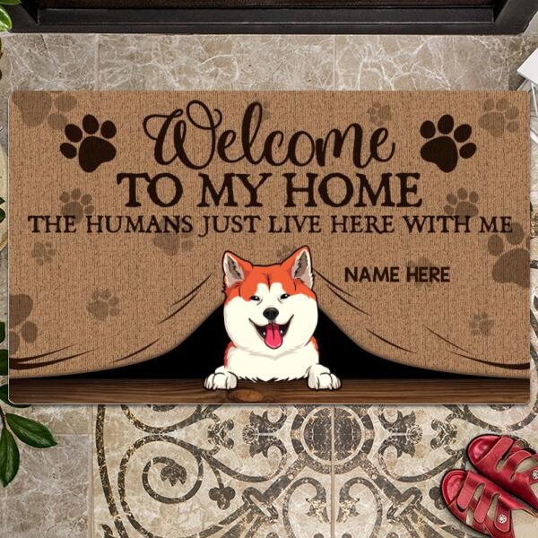Welcome To Our Home The Humans Just Live Here With Us - Peeking From Curtain - Personalized Dog & Cat Doormat