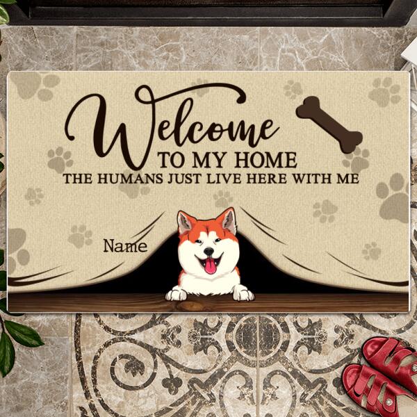 Welcome To Our Home, Dogs Under Beige Curtain, Housewarming Gift, Dog Mom Dog Dad Gift, Personalized Dog Lovers Doormat