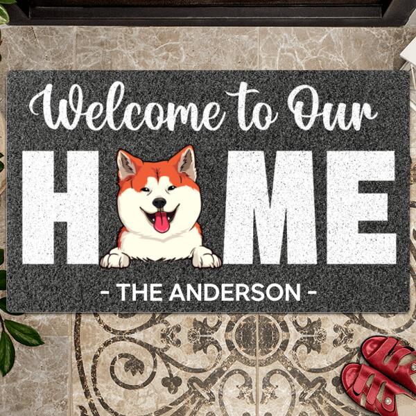 Welcome To Our Home, Grey Doormat, Personalized Dog Breeds Doormat, Home Decor, Gifts For Dog Lovers