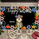 Happy Home, Floral Background, Housewarming Gift, Cat Rug, Home Decor Mat, Personalized Cat Lovers Doormat