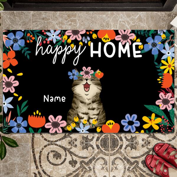 Happy Home, Floral Background, Housewarming Gift, Cat Rug, Home Decor Mat, Personalized Cat Lovers Doormat
