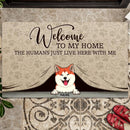 Welcome To Our Home, Dog Peeking From Curtain, Personalized Dog Breeds Doormat, Home Decor, Gifts For Dog Lovers