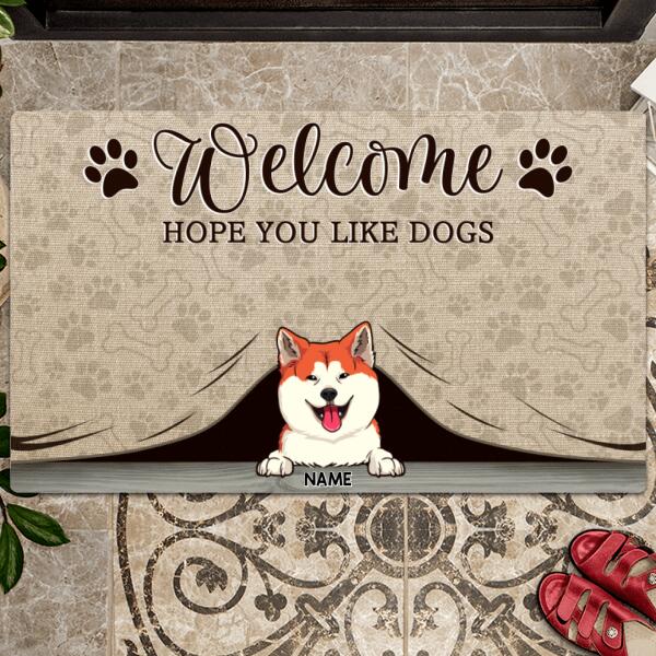 Welcome Hope You Like Dogs, Dog Peeking From Curtain, Personalized Dog Breeds Doormat, Home Decor, Gifts For Dog Lovers