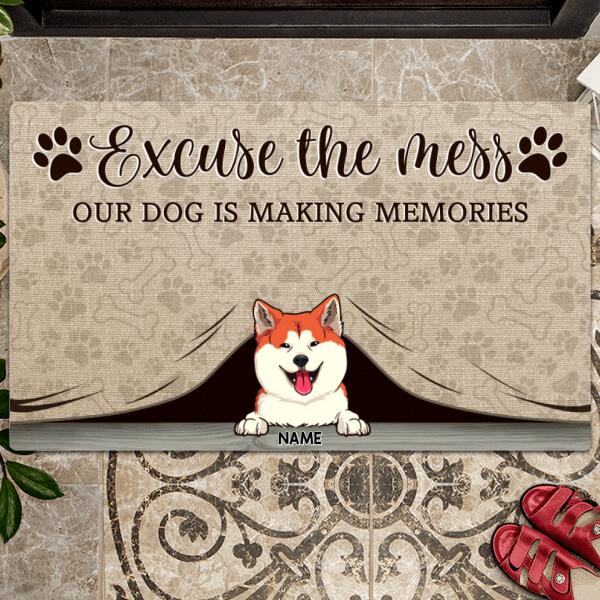 Excuse The Mess Dogs Are Making Memories, Dog Peeking From Curtain, Personalized Dog Breeds Doormat, Home Decor
