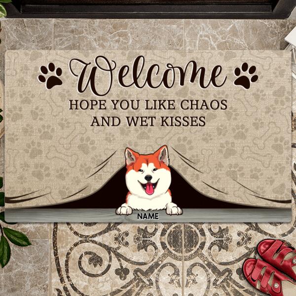 Welcome Hope You Likes Chaos And Wet Kisses, Dog Peeking From Curtain, Personalized Dog Breed Doormat, Dog Lovers Gifts