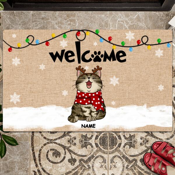 Welcome, Snowflake & Christmas Lights, Personalized Cat Breeds Doormat, Xmas Home Decor, Gifts For Cat Lovers