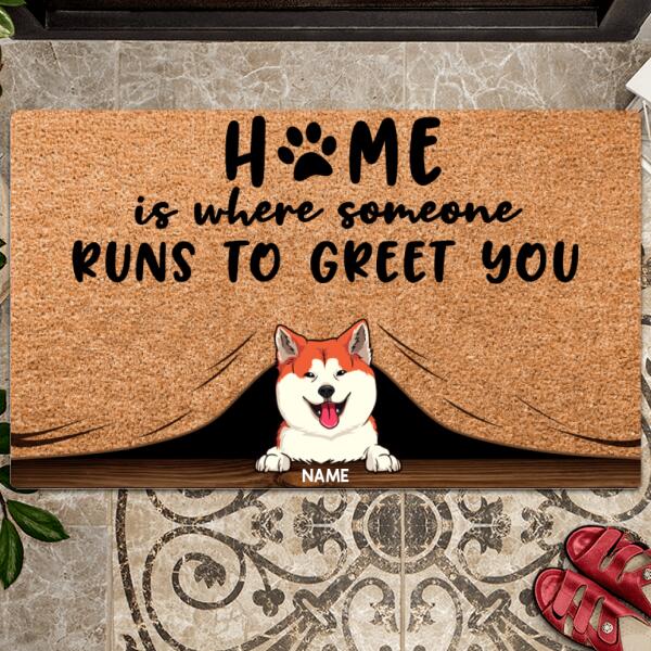 Home Is Where Someone Runs To Greet You, Dog Peeking From Curtain, Personalized Dog Breeds Doormat, Home Decor