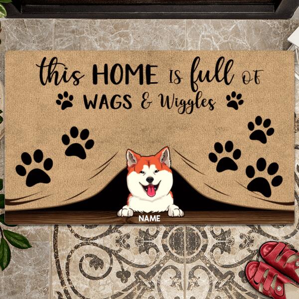 This Home Is Full Of Wags & Wiggles, Dog Peeking From Curtain, Personalized Dog Breeds Doormat, Dog Lovers Gifts