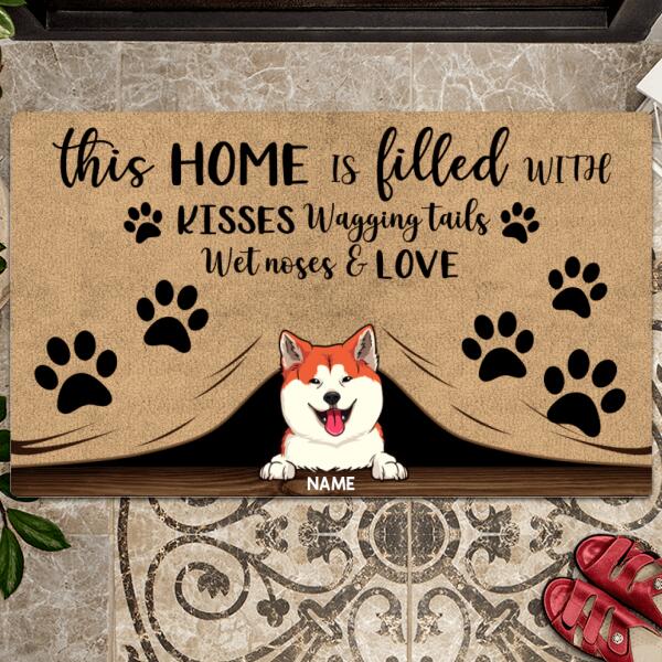 This Home Is Filled With Kisses Wagging Tails, Dog Peeking From Curtain, Personalized Dog Breeds Doormat, Home Decor