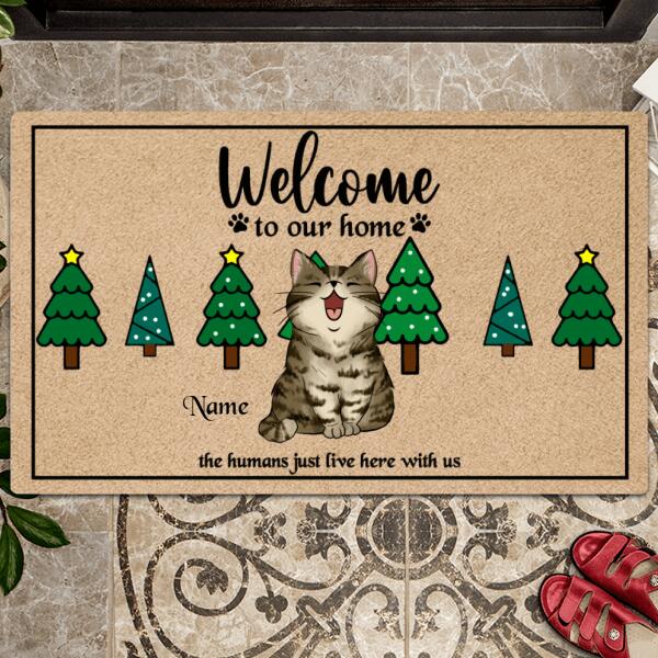 Welcome To Our Home, Christmas Pine Trees, Housewarming Gift, Front Door Mat, Personalized Cat Lovers Doormat