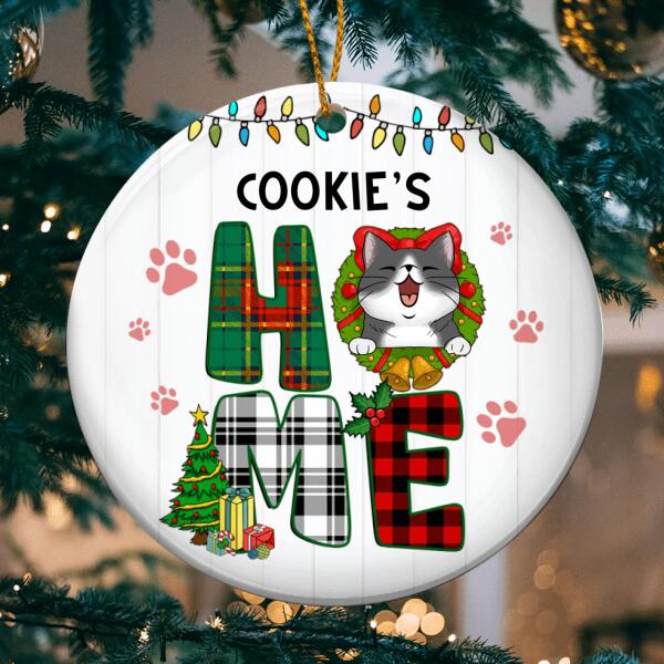 Home, Plaid Bauble, Personalized Cat Breed Circle Ceramic Ornament, Xmas Gifts For Cat Lovers, Christmas Tree Decor