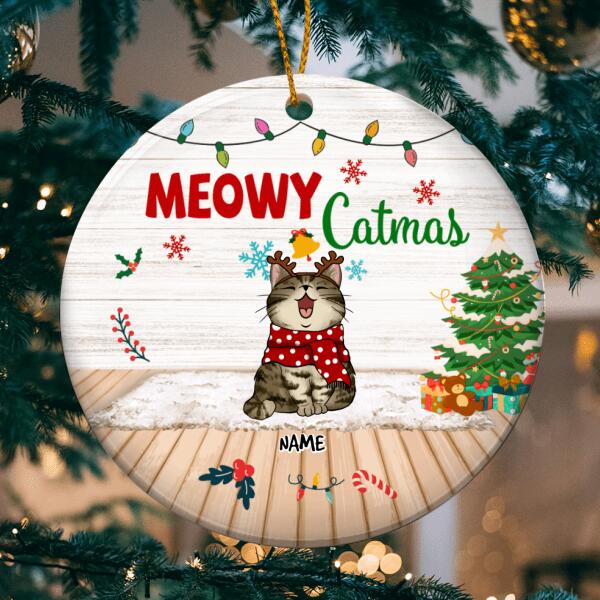 Meowy Catmas, Personalized Cat Breeds Circle Ceramic Ornament, Xmas Gifts For Cat Lovers, Christmas Tree Decor