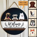 Welcome-ish Depends On Who You Are, Navy Wooden Sign, Personalized Dog Breeds Door Sign, Dog Lovers Gifts