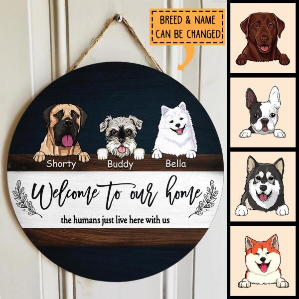 Welcome To Our Home, Navy Wooden Door Hanger, Personalized Dog Breeds Door Sign, Dog Lovers Gifts, Front Door Decor