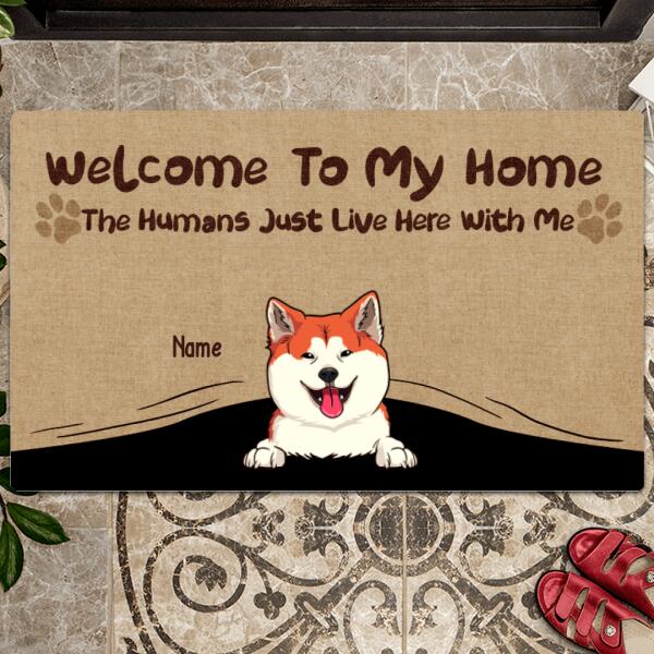 Welcome To Our Home, Dog Peeking From Curtain, Personalized Dog Breeds Doormat, Home Decor, Dog Lovers Gifts