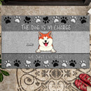 The Dog Is In Charge We Just Live Here, Black And White Pawprints, Personalized Dog Breeds Doormat, Dog Lovers Gifts