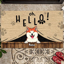 Oh Hello, Dog Peeking From Curtain, Personalized Dog Breeds Doormat, Home Decor, Gifts For Dog Lovers