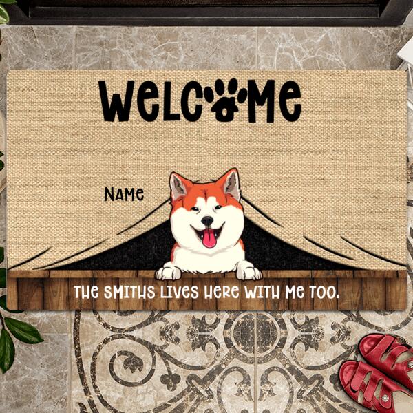 Welcome The Humans Live Here With Us Too, Dog Peeking From Curtain, Personalized Dog Breeds Doormat, Dog Lovers Gifts