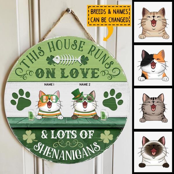This House Runs On Love & Lots Of Shenanigans, Four-Leaf Clover Door Hanger, Personalized Cat Breeds Door Sign