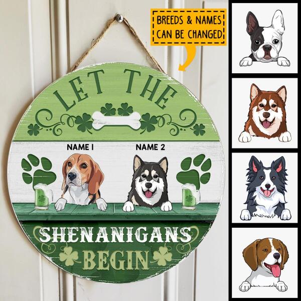 Let The Shenanigans Begin, Four-Leaf Clover Door Hanger, Personalized Dog Breeds Door Sign, Dog Lovers Gifts