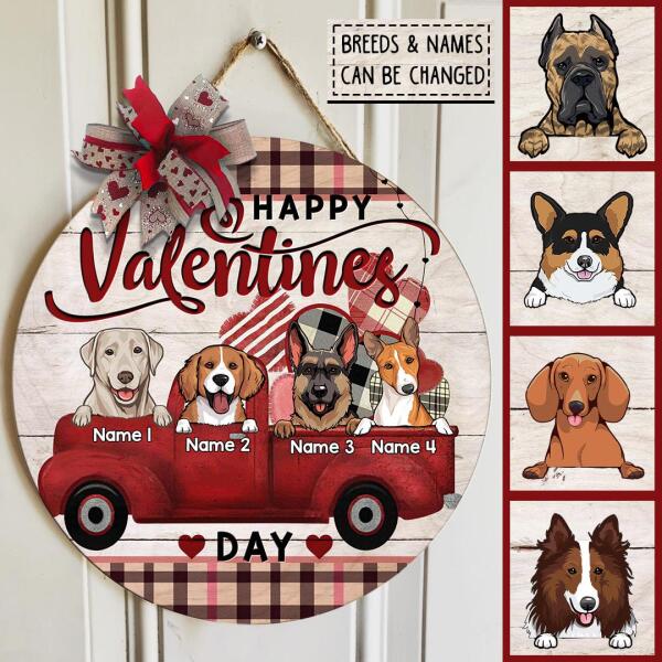 Happy Valentine Day, Plaid Door Hanger, Personalized Dog Breeds Door Sign, Valentine Gifts For Dog Lovers