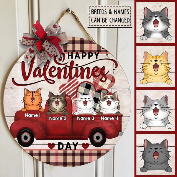 Happy Valentine Day, Plaid Door Hanger, Personalized Cat Breeds Door Sign, Valentine Gifts For Cat Lovers