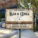 Bar & Grill Proudly Serving Whatever You Bring, Personalized Dog Breeds Metal Sign, Outdoor Decor, Dog Lovers Gifts