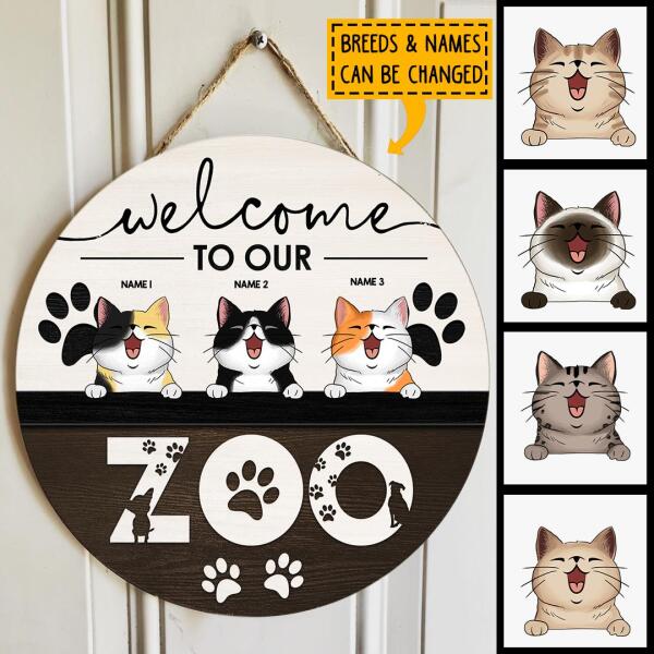 Welcome To Our Zoo, Wooden Door Hanger, Personalized Cat Breeds Door Sign, Gifts For Cat Lovers, Front Door Decor