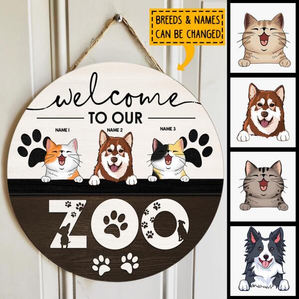 Welcome To Our Zoo, Wooden Door Hanger, Personalized Dog & Cat Door Sign, Gifts For Pet Lovers, Front Door Decor