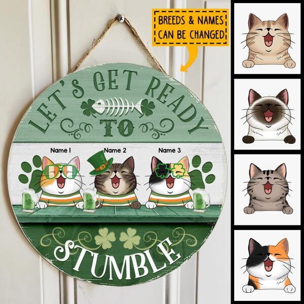 Let's Get Ready To Stumble, Four-Leaf Clover Door Hanger, Personalized Cat Breeds Door Sign, Cat Lovers Gifts