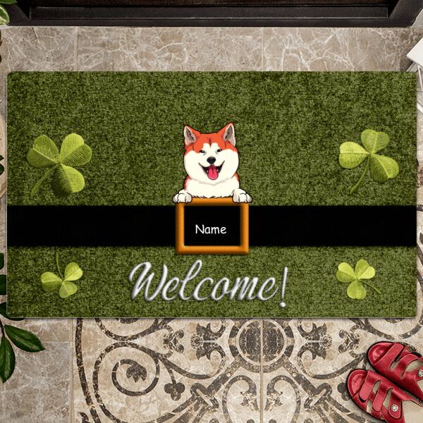 Welcome, Shamrock Doormat, Personalized Dog Breeds Doormat, St. Patrick Day Home Decor, Gifts For Dog Lovers